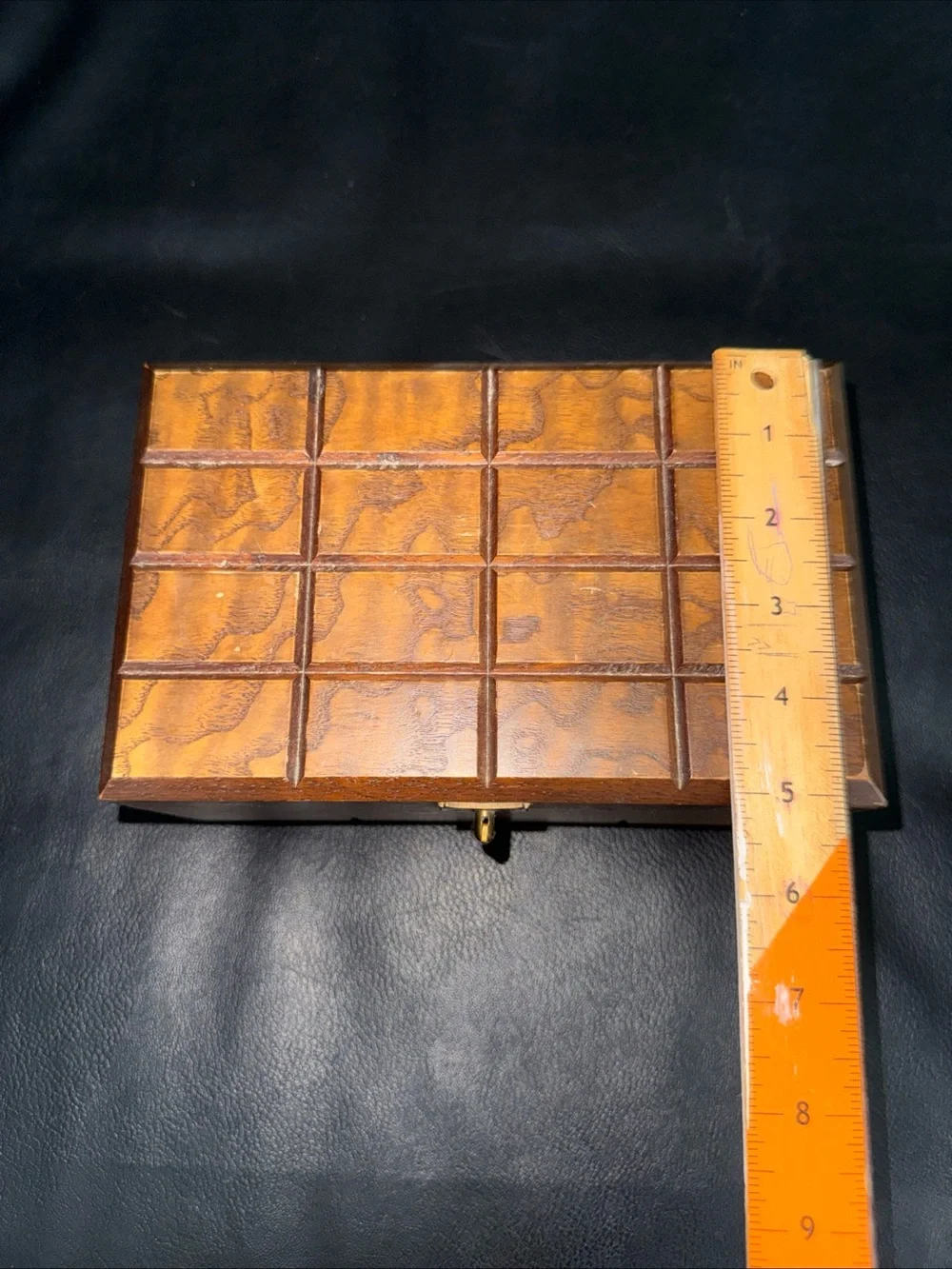 Vintage wood jewelry box with red velvet interior and mirror 5x8 inches MCM